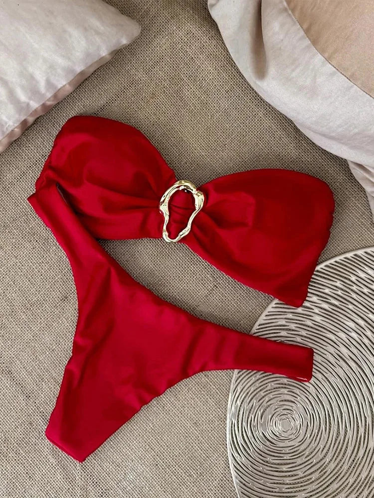 Sexy Solid Strapless Bikini 2 Piece Set Women Split Swimsuit Low Waist Beach Backless Bikini 2025 New Summer Swimwear Bikini Set