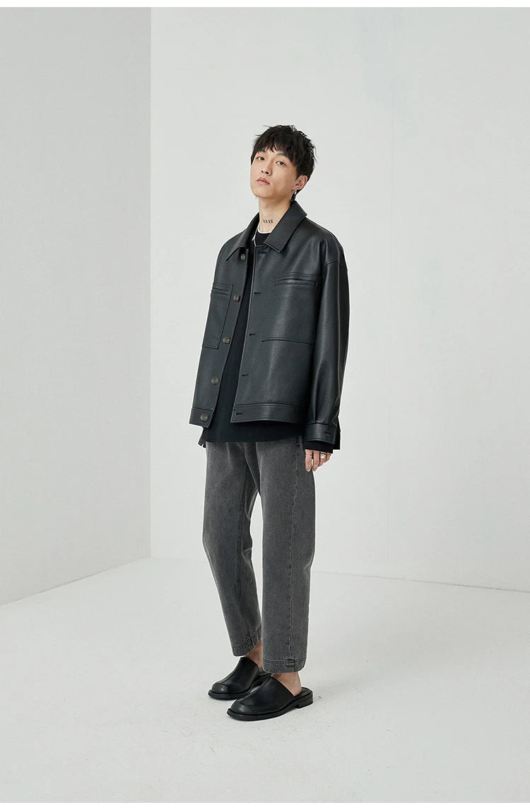 Mauroicardi Spring Autumn Short Oversized Brown Black Soft Faux Leather Jackets for Men Pockets Long Sleeve Korean Fashion 2022