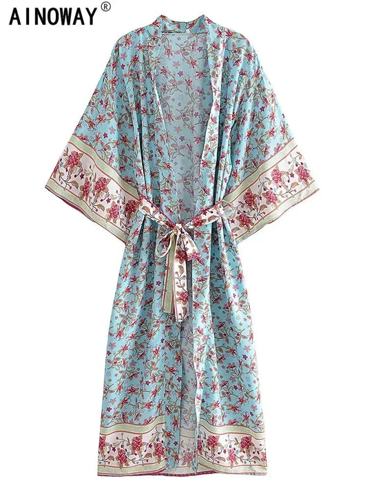 Vintage Chic Women Blue Floral Print Summer Bohemian Kimono Dress Ladies Batwing Sleeves Boho Maxi Bikini Cover-ups Beach Wear
