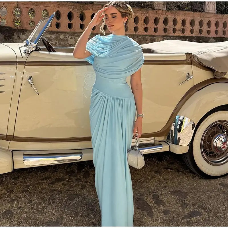 Shawl Long Dress Women Elegant Asymmetrical Chiffon Pleat Slim Waist Maxi Dresses 2025 Summer New Female Evening Party Prom Gown