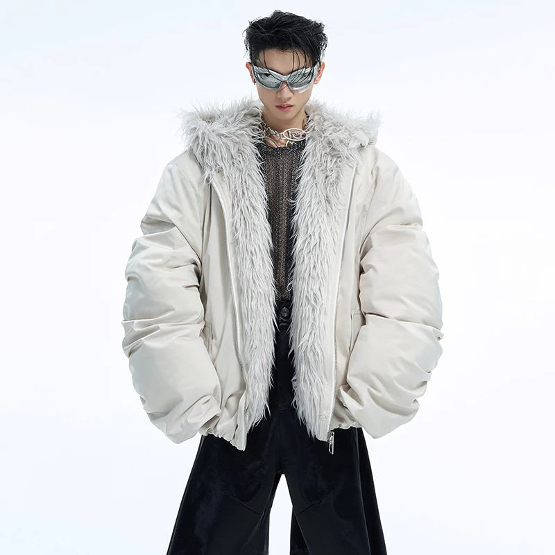 LUZHEN Winter Hooded Cotton Coat Casual Solid Color Faux Fur Patchwork Design Personalized Warm Short Baseball Jacket Men LZ7041