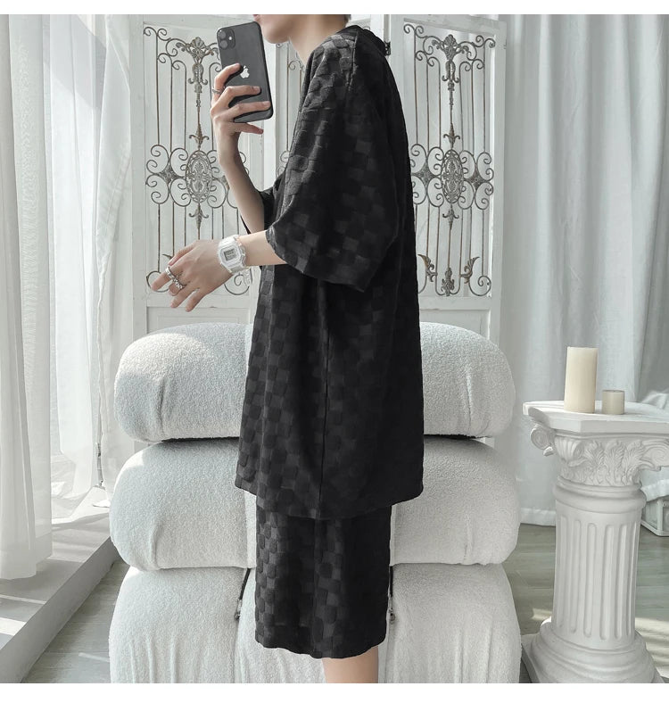Men's Set Fashion Summer Loose Casual Plaid T Shirts And Shorts High Quality Korean Luxury Clothing Men's Clothes Big Size 5XL-M