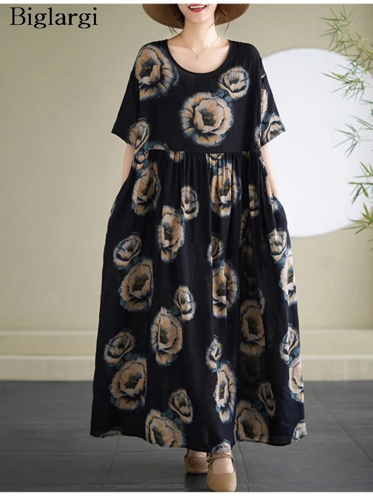 Oversized Summer Bohemian Style Long Dress Women Ruffle Pleated Fashion Flower Print Ladies Dresses Loose Casual Woman Dress