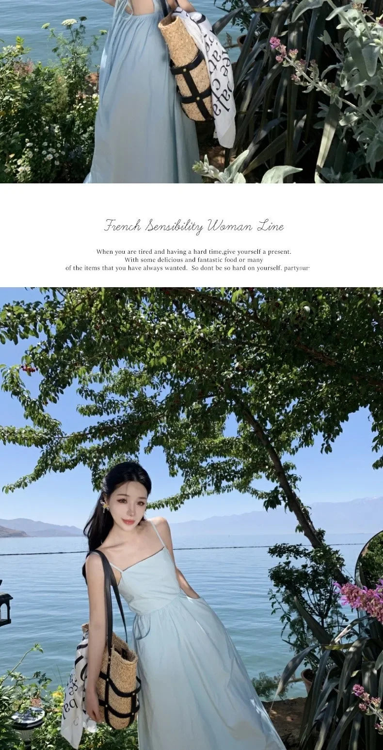 French Style Sexy Open-Back Blue Tank Dress Women's Summer Vacation Beach A- Line Long Dress Beach Vacation Dress
