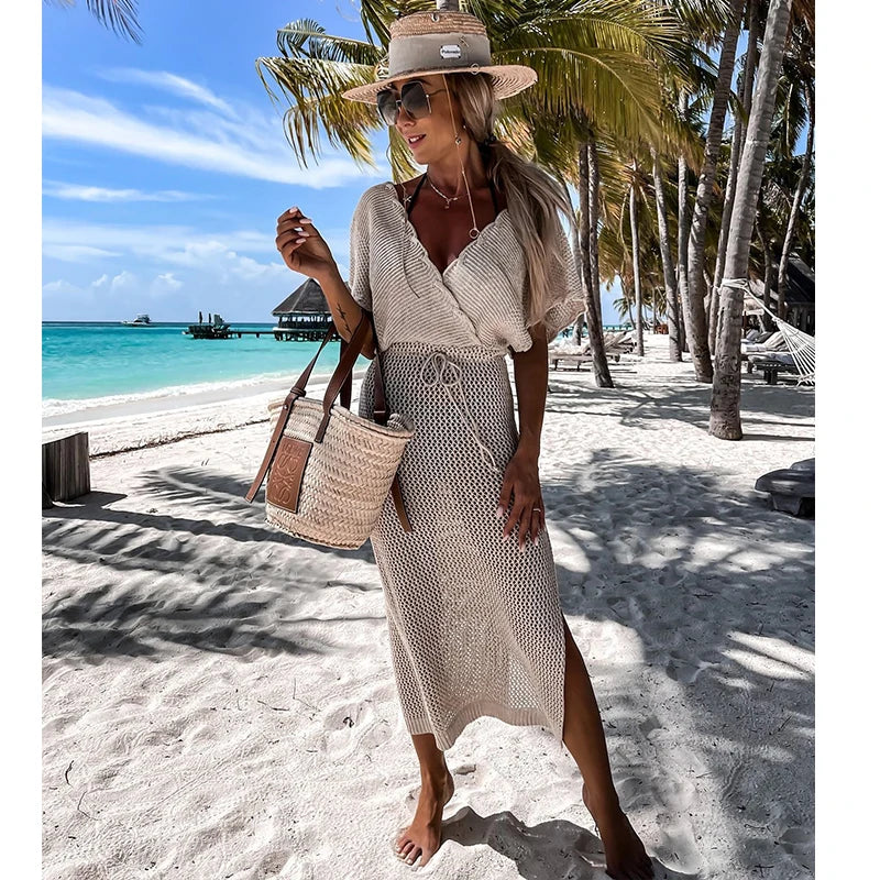 2024 White Crochet Tunic Bikini Cover-ups Sexy Hollow Out Long Dress V neck Women Summer Clothes Beach Wear Knitted Cover Up
