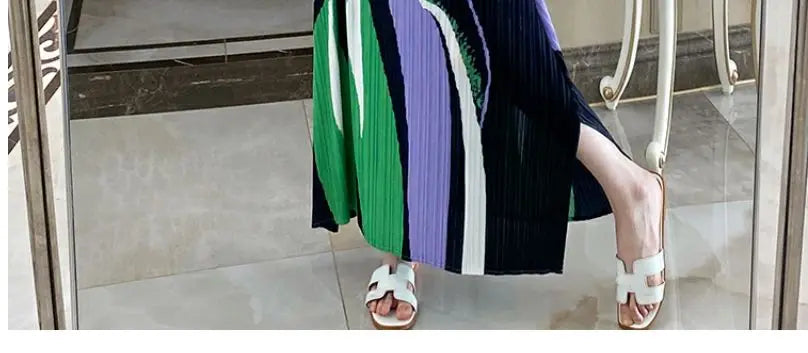 Pleated Geometric Diamond Summer Women French Casual Printing Holiday Style V-neck Sleeveless Loose Texture Forking Long Dress