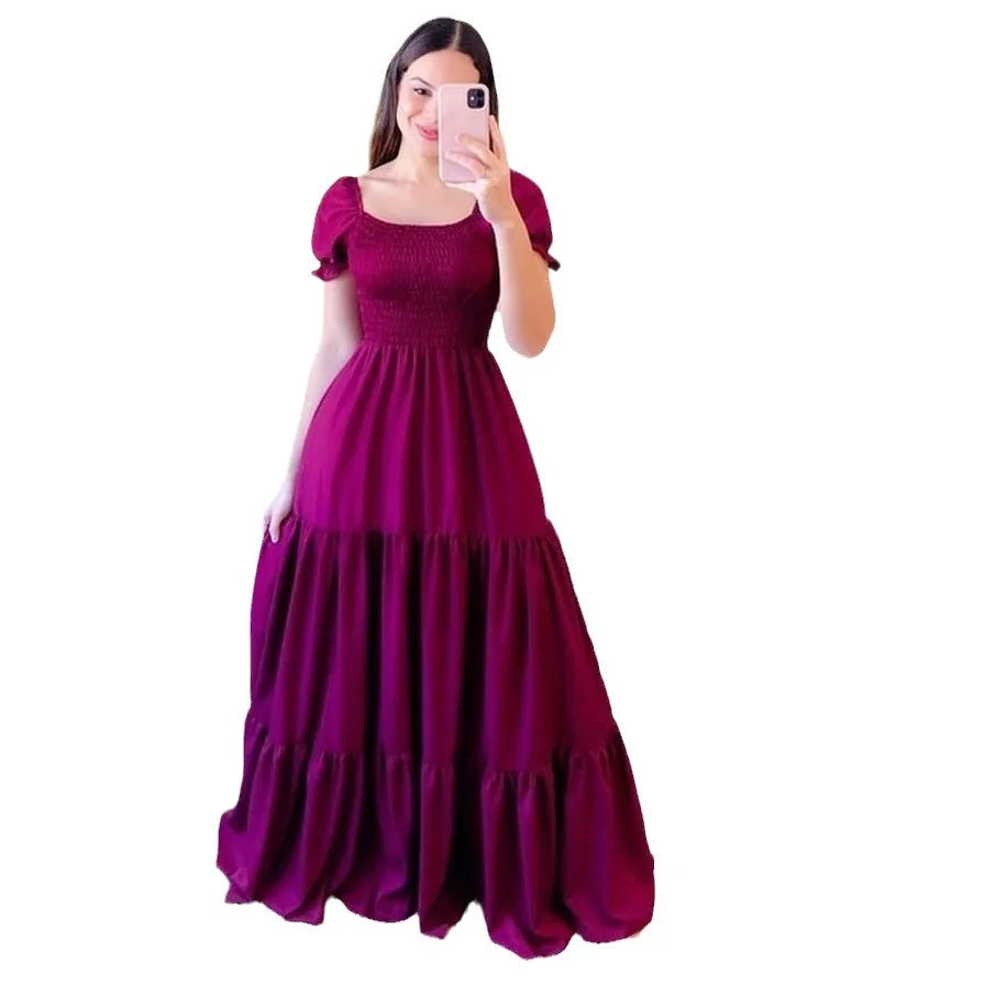 2025 Spring Summer New Women Closing Solid Color Square Collar Short Sleeve Long Dress Vestidos Largos vestidos verano moda 2024