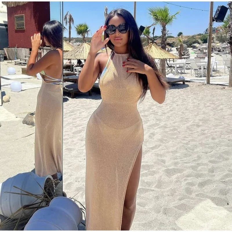 Sexy Knit Lace-up Split Long Dress Women Solid Halter Cover Up See Through Bodycon Dresses 2024 Summer Lady Chic Beach Robes