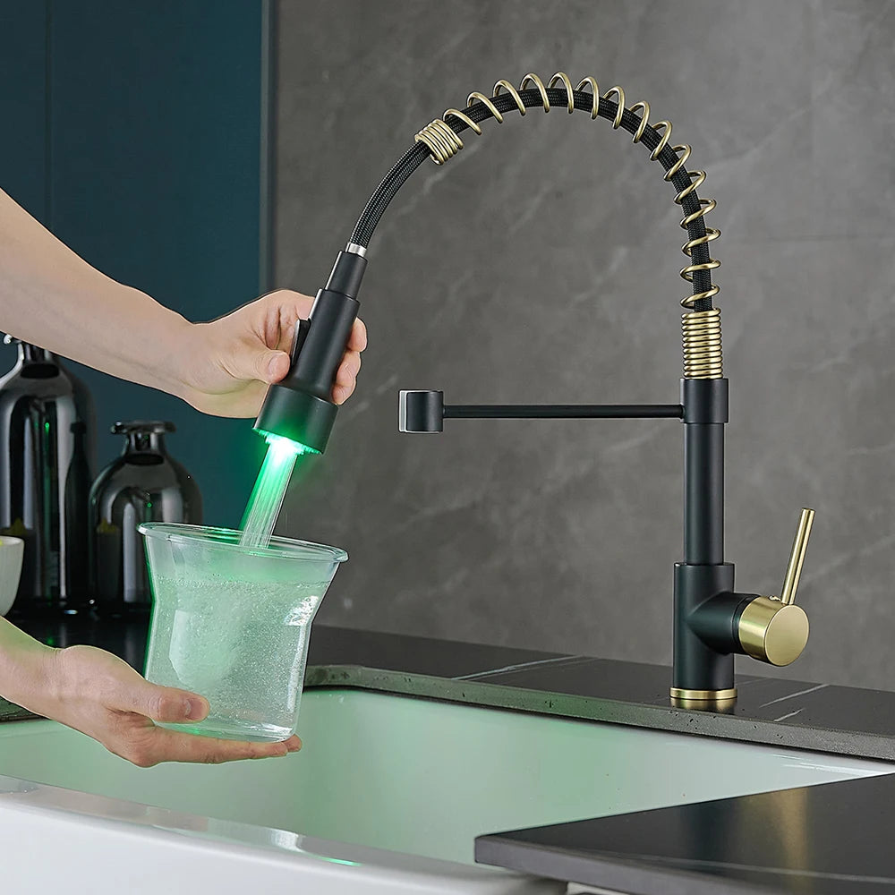 Kitchen Faucets Brush Brass Faucets for Kitchen Sink  Single Lever Pull Down Spring Spout Mixers Tap Hot Cold Water Crane 9009