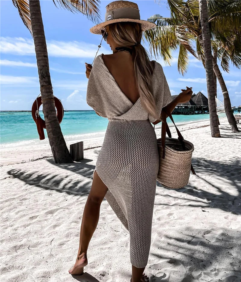 2024 White Crochet Tunic Bikini Cover-ups Sexy Hollow Out Long Dress V neck Women Summer Clothes Beach Wear Knitted Cover Up