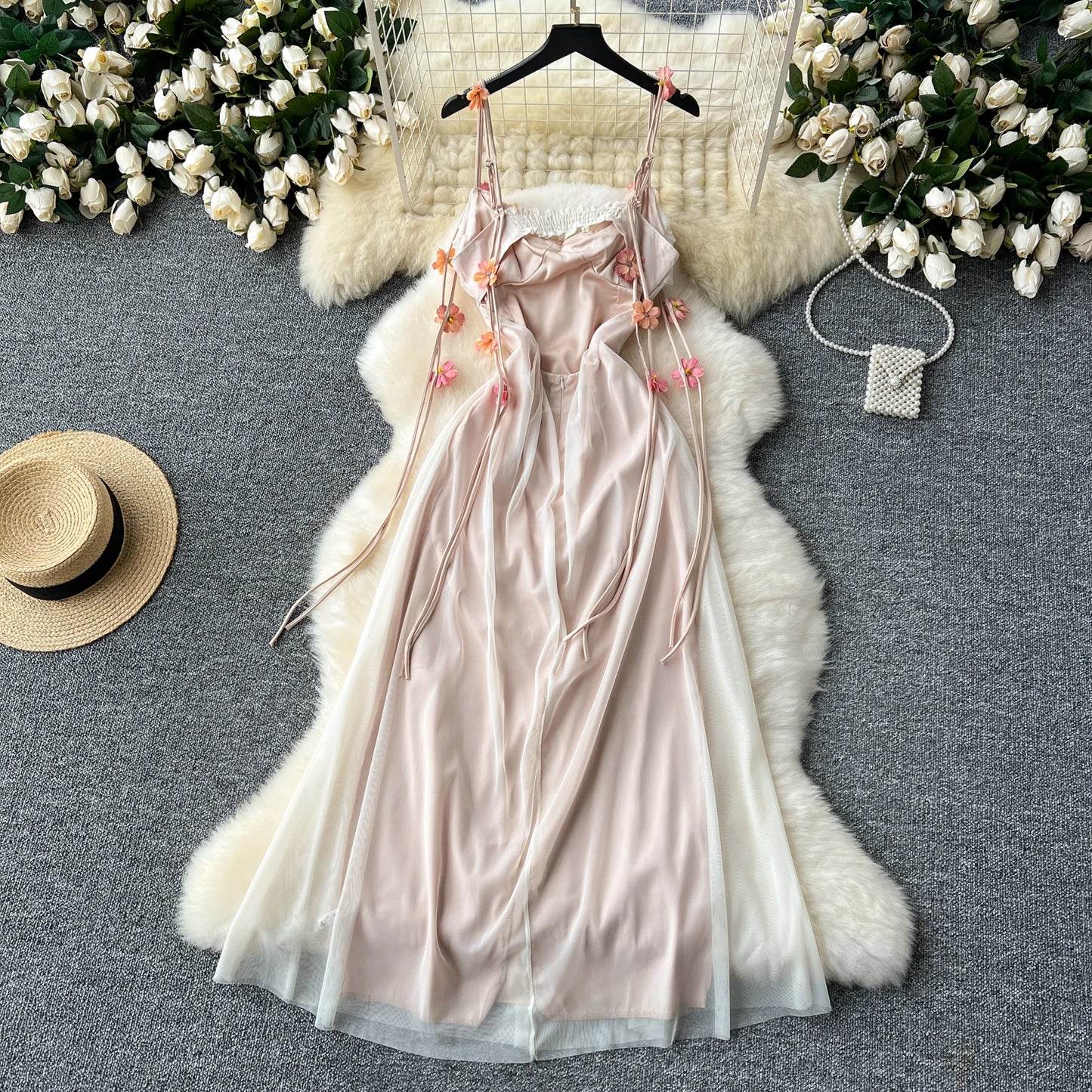 SINGREINY 2024 Bohemian Vacation Long Dress Spaghetti Strap Hollow Out A Line Mesh Sundress 3D Floral Backless Party Maxi Dress
