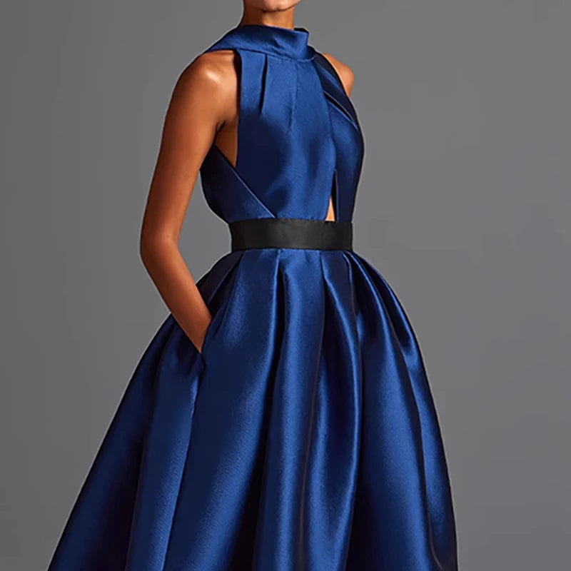 Vestidos Summer Sleeveless Hollow Satin Evening Dresses Woman Sexy O Neck Draped Long Dress Spring Solid Pocket Swing Boho Dress