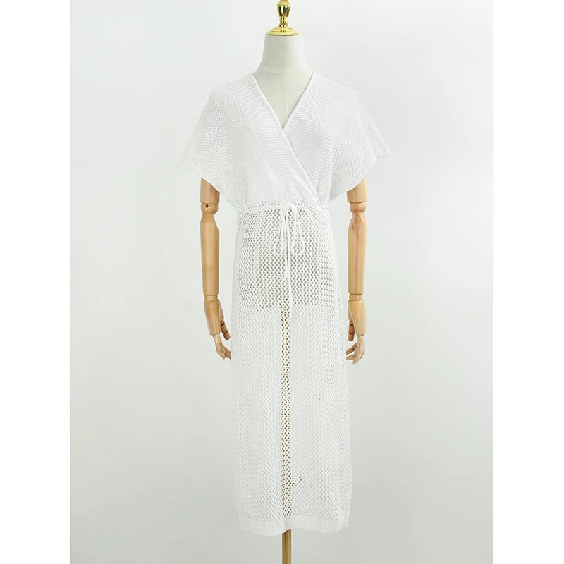 2024 White Crochet Tunic Bikini Cover-ups Sexy Hollow Out Long Dress V neck Women Summer Clothes Beach Wear Knitted Cover Up