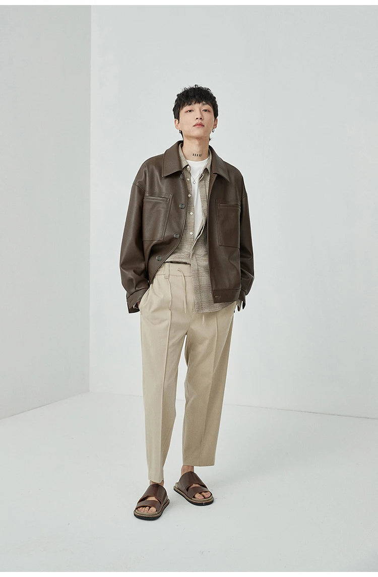 Mauroicardi Spring Autumn Short Oversized Brown Black Soft Faux Leather Jackets for Men Pockets Long Sleeve Korean Fashion 2022