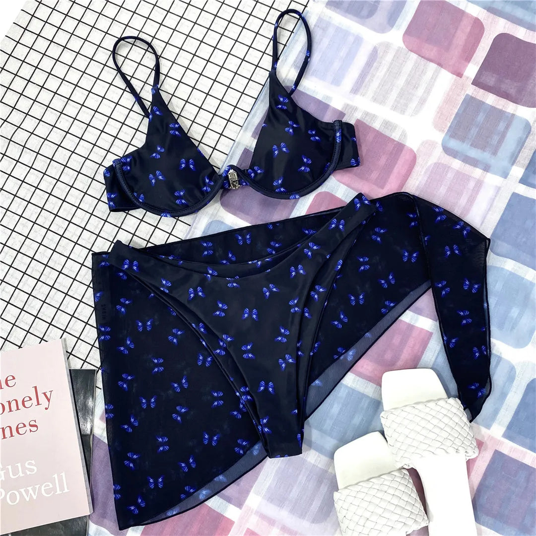 Butterfly V-bar Underwire Bikini Female Swimsuit Women Swimwear Three-pieces Bikini set Sarong Bather Bathing Suit Swim V3025