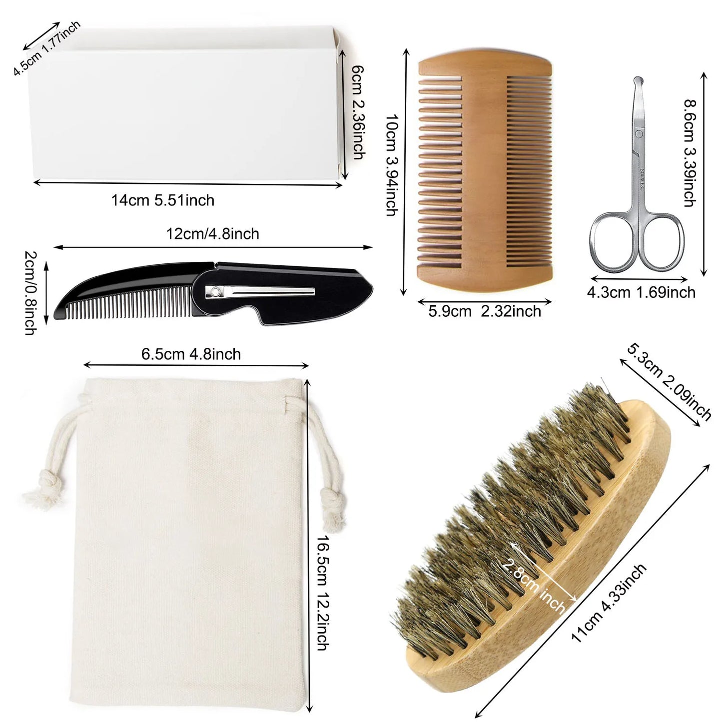 Men Shaving Bamboo Brush Comb Set Boar Bristle Portable Barber Beard Brush Comb Scissors for Facial Cleaning Styling Tool