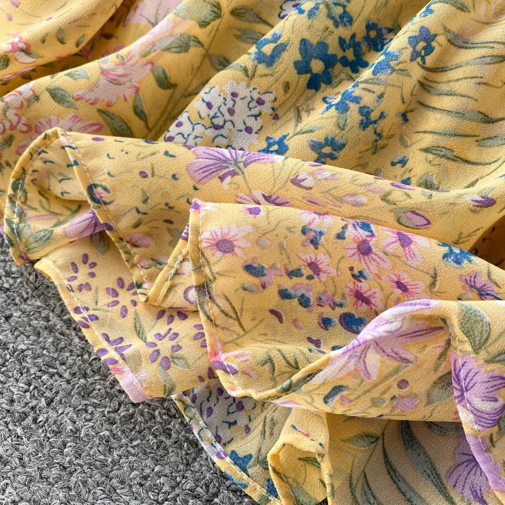 YuooMuoo 2025 Spring Summer Long Sleeve Chiffon Dresses Fashion Female Elastic Waist Pleated Long Dress Women Print Floral Dress