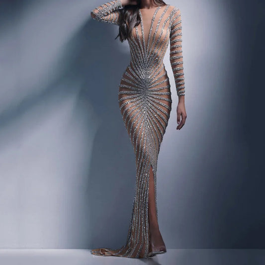 2024 New Spring Fashionable Embellished Women's Mesh Dress Long Sleeve Side Slit Long Dress For Women