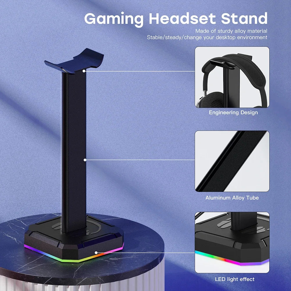 Aluminum Alloy Gaming Headphone Stand Space Saving Desktop Organizer Vertical Bracket RGB Backlight Headset Holder Display Rack