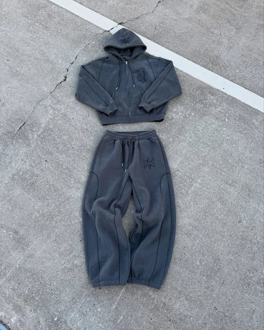 Punk fashion Vintage patchwork pattern embroidery design men clothing Y2k set Hip hop Harajuku casual couple oversized tracksuit