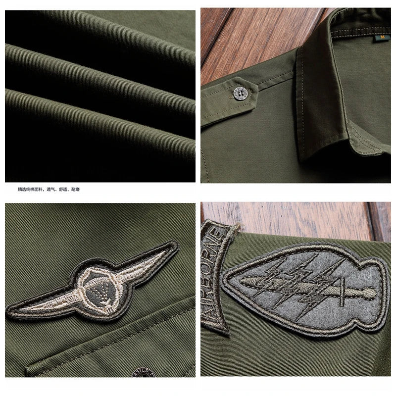 Military Shirt Men's Shirts Casual Style Fashion Clothing Cotton Short Sleeve Retro Vintage 6XL Embroidery Black Drop Shipping