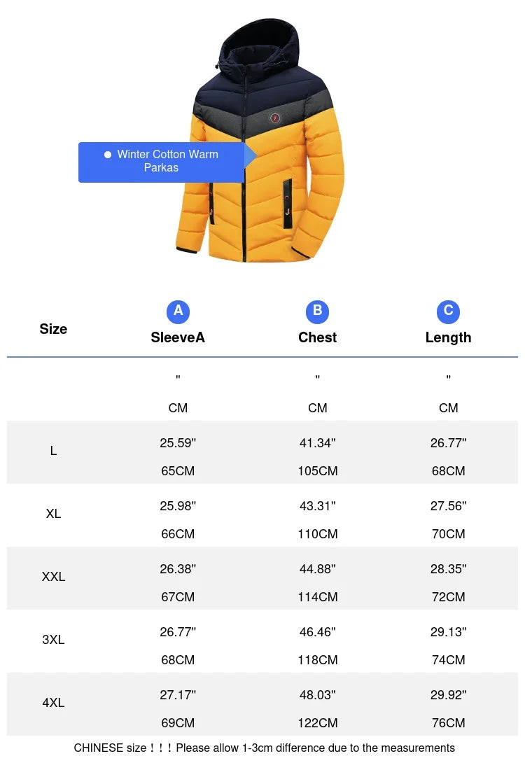 Winter Men's Warm Parkas Fashion Men Cotton Thicken Windbreaker Hooded Jackets Male Waterproof Padded Coats Clothing