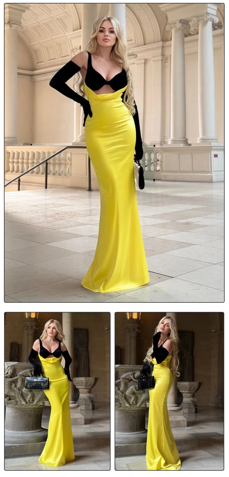 VC Women Cut-out Long Dress Temperament Contrast Color Combo V Neck Suspender Backless Slit Slim Mermaid Party Evening Gowns