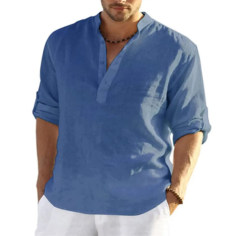 1pcs Summer Men Lightweight Shirt Male Long Sleeve Cotton Linen Shirts Beach Loose Fitting Shir Men's Breathable Collar T Shirt