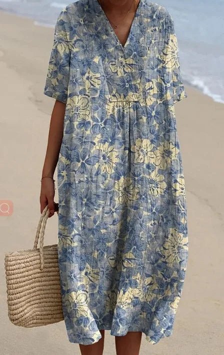 Summer Women Print Dress New Fashion V Neck Short Sleeve Loose Holiday Casual Dresses Female Beach Party Vestidos Robe Femme