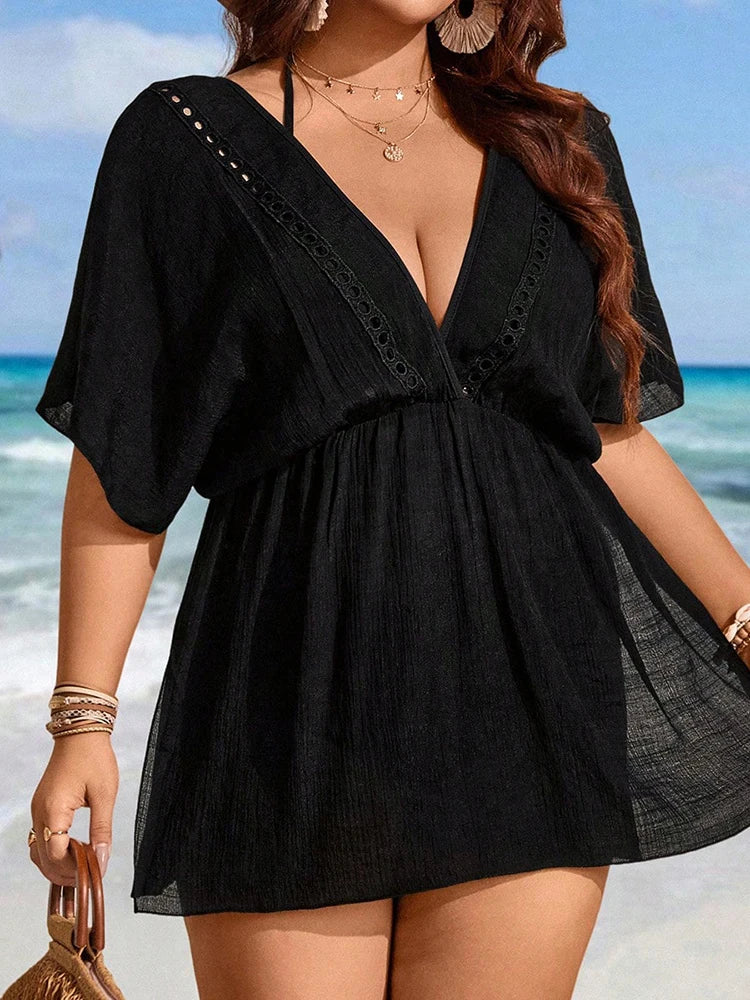 Summer Women Plus Size Bikini Cover Ups Sexy Ladies Chiffon Swimwear Swimsuit Beach Black Sleeve Cover-Up Mini Dress Beachwear