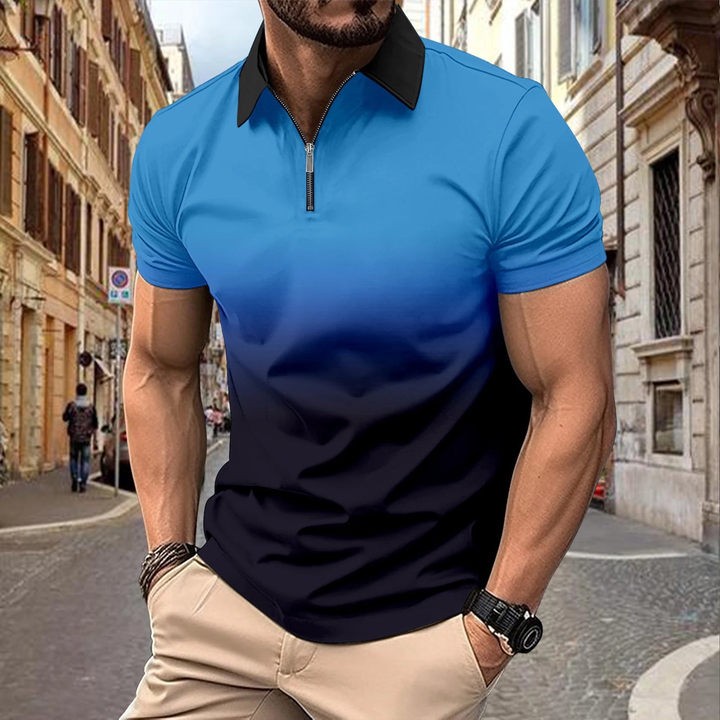 Men Clothes Summer Slim Fit Short Sleeve Fashion Gradient Color Lapel Polo Shirt Men Fashion Golf Zipper Tops Comfortable Polo