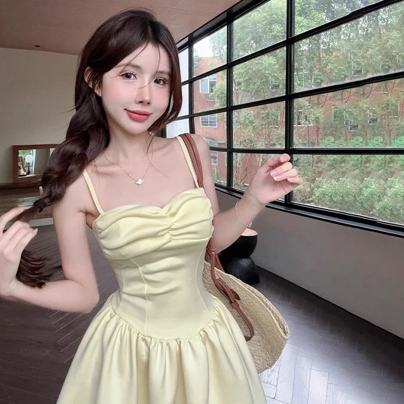 Sexy Spaghetti Strap Folded A-line Dress For Women's Summer Casual Dresses