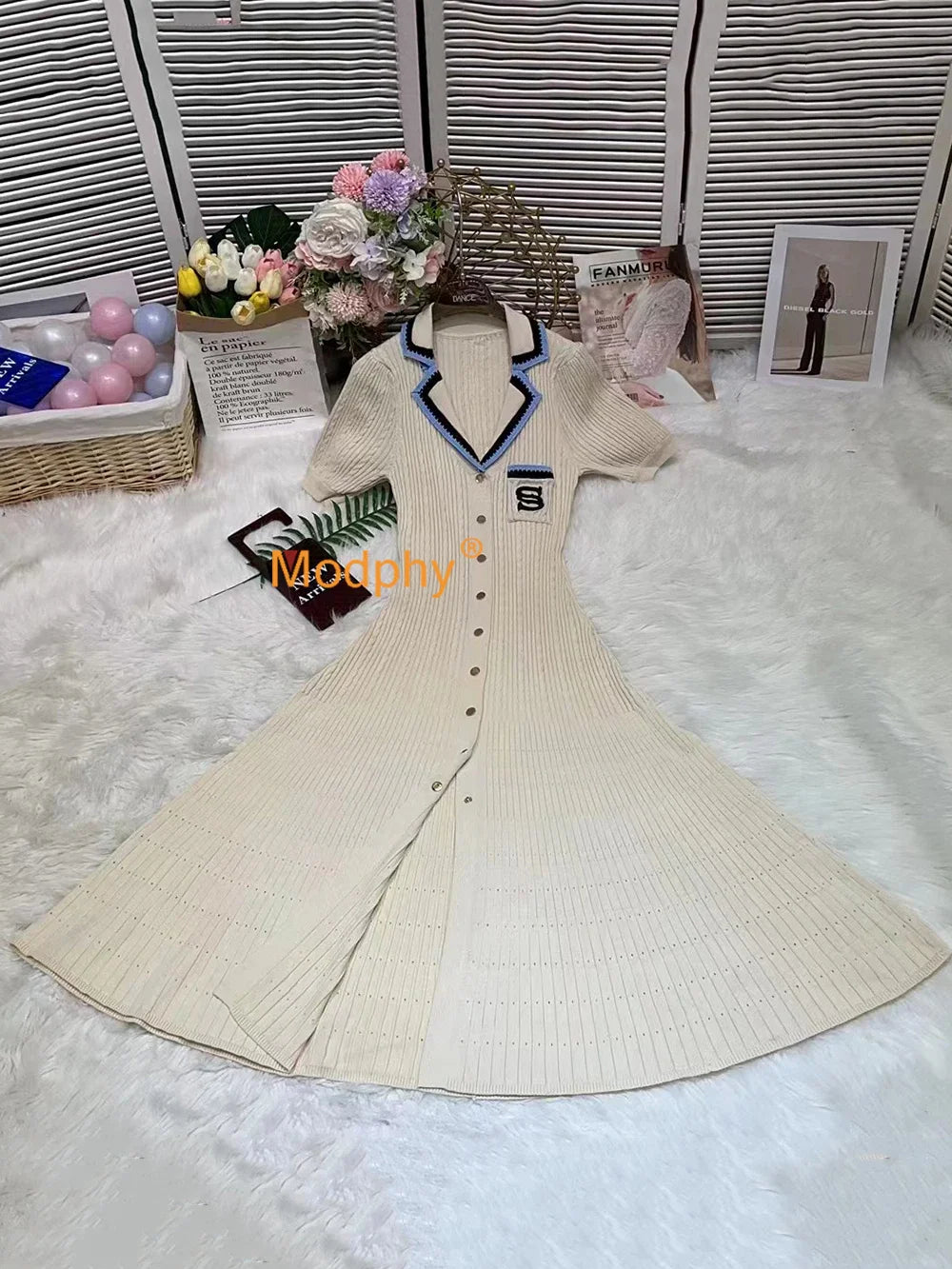 Modphy 2025 Elegant Slim Knitted Long Dress Women's Letter Single Breasted Long Sleeved Designer Vintage Dresses Autumn