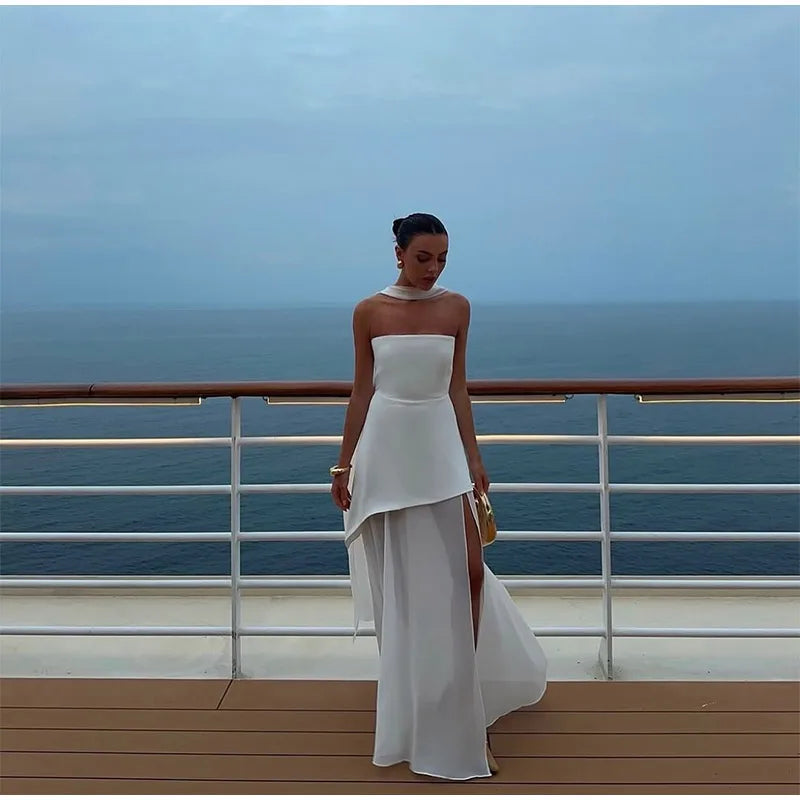 Elegant Yellow Gauze Off Shoulder Scarf Neack Long Dress Women Fashion Sleeveless A-line Vestido 2025 Summer Vocation Party Robe