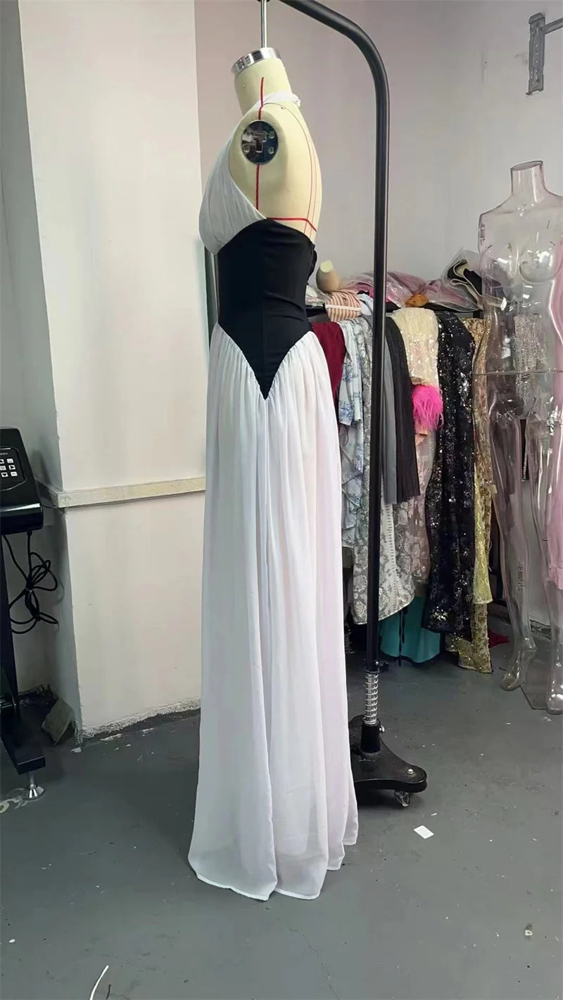 Mozision Halter Deep V Neck Backless Sexy Maxi Dress Women Gown Fashion Patchwork Sleeveless High Waist Club Party Long Dress