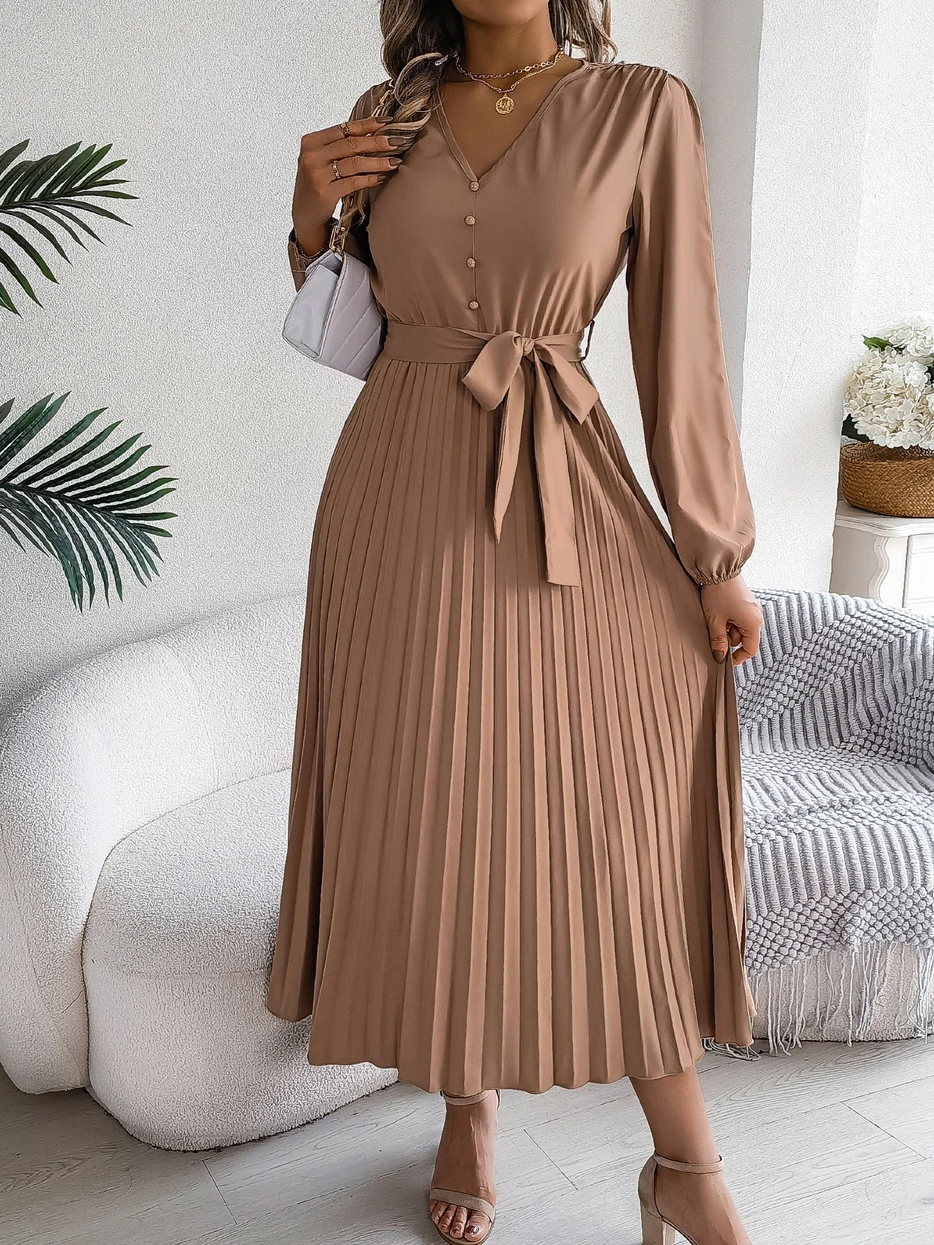 Autumn Winter Elegant V-Neck Button Belt Long Sleeved Solid Color Pleated Long Dress For Women Dresses