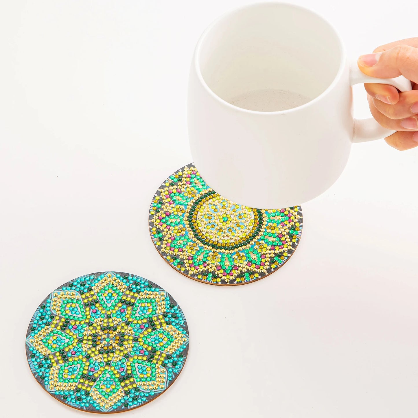 PhotoCustom 6pc/Sets Diamond Painting Coasters 5D DIY Round Diamond Mosaic Mandala Cup Coasters With Holder Kitchen Accessories