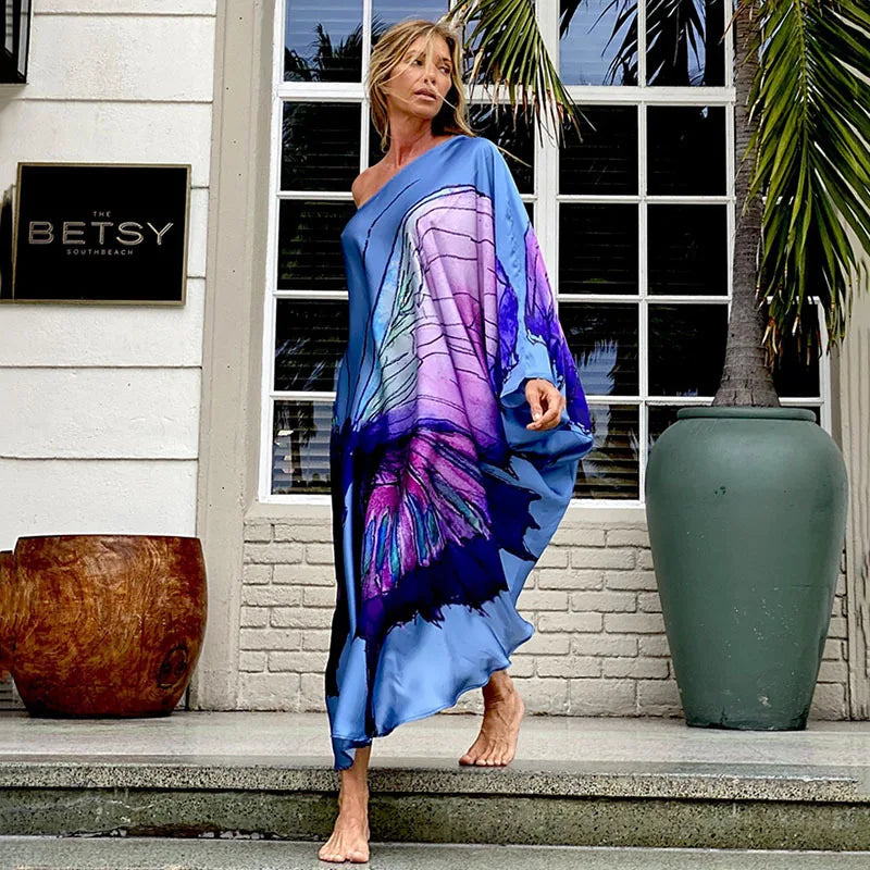 Color Butterfly Print One Shoulder Sleeve Dresses Women Sexy Off Shoulder Loose Beach Vacation Irregular Long Dress Streetwear