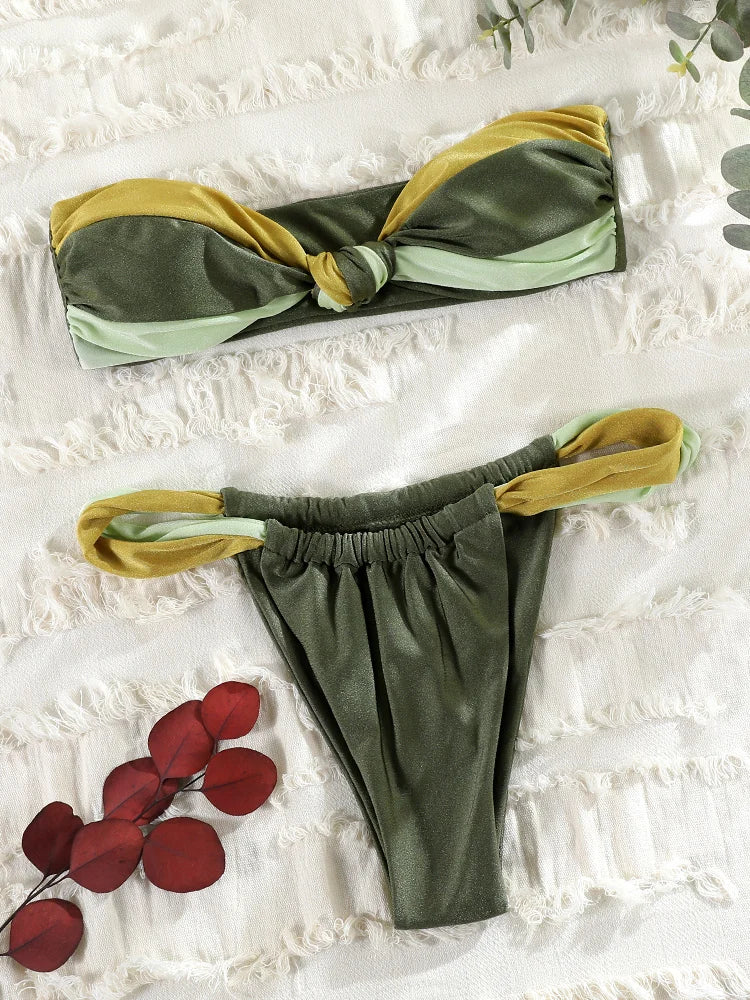 Patchwork Bikini Set for Women, Bandeau Swimsuit, Push Up Swimwear, Sexy Bikinis, High Cut Thong, Brazilian Beachwear, New