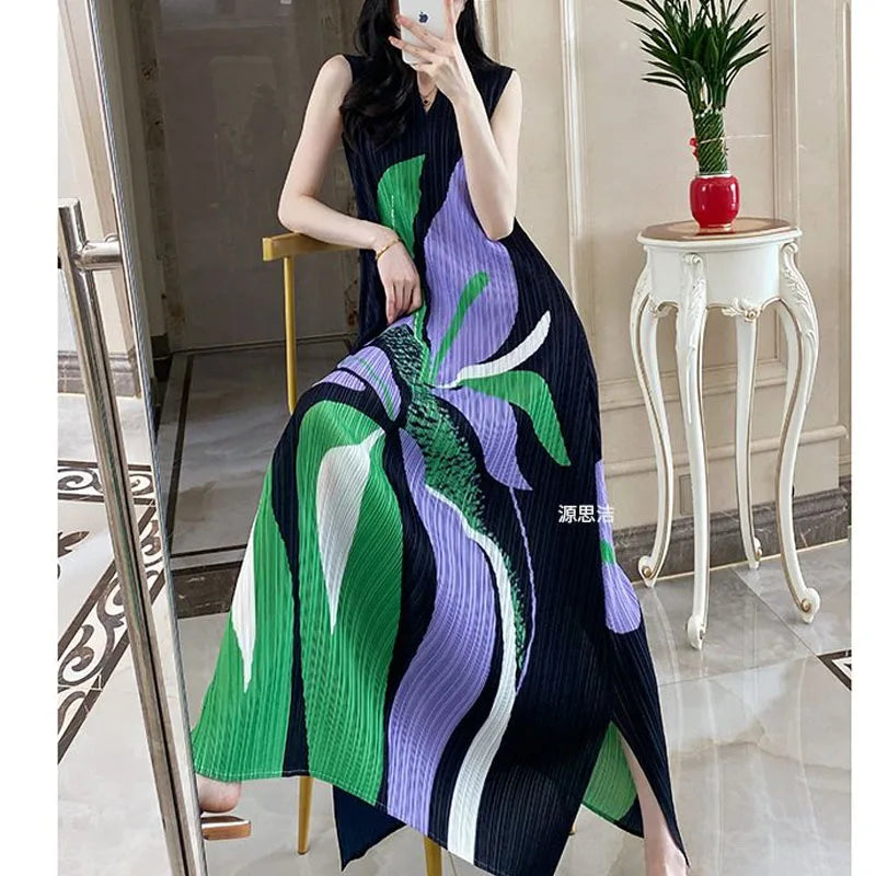 Pleated Geometric Diamond Summer Women French Casual Printing Holiday Style V-neck Sleeveless Loose Texture Forking Long Dress