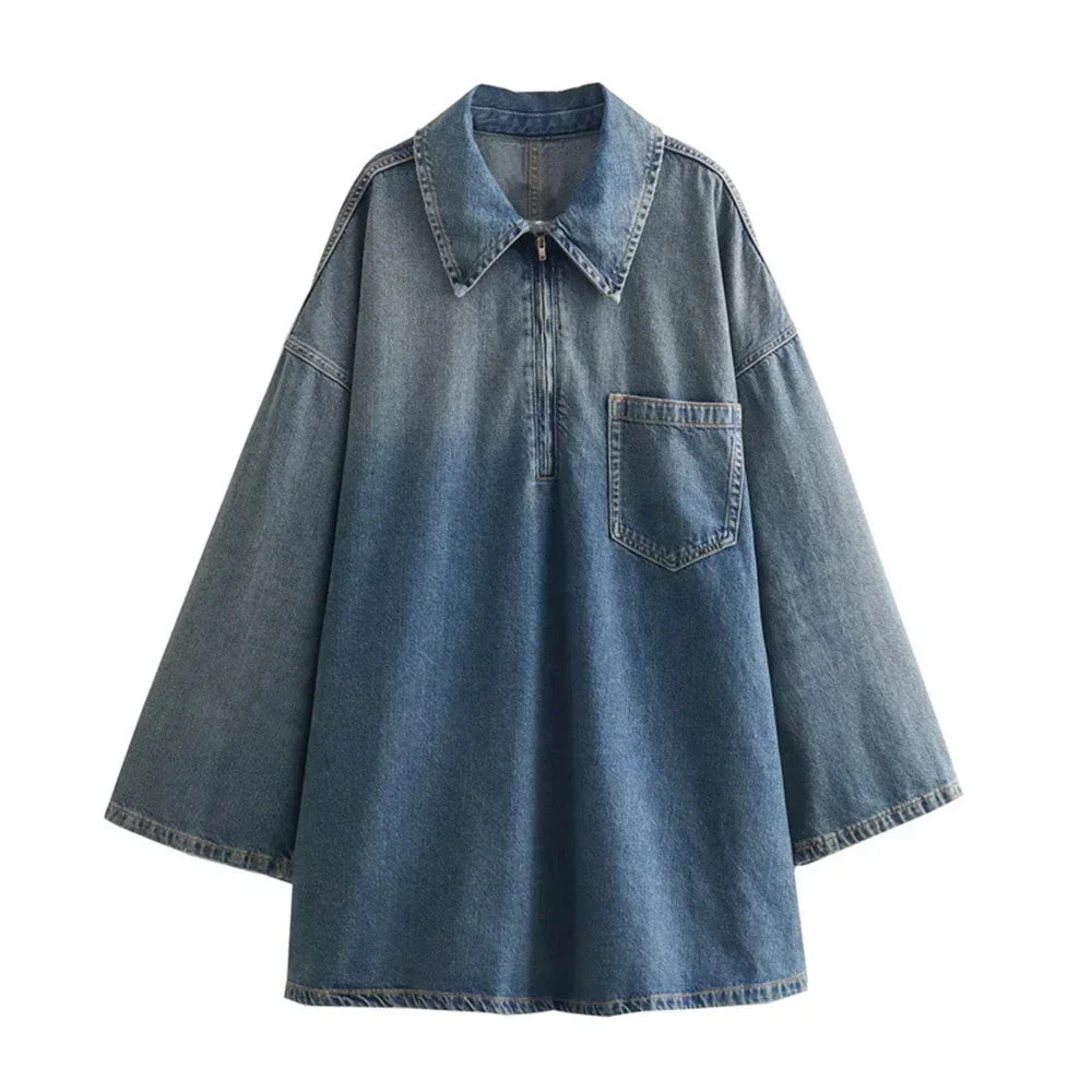 Women's Denim Dresses Lapel Zip Mini Long Sleeve Dresses Fashion Casual Loose Patch Pocket Party Commuter Denim Dresses