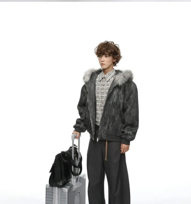 Y2K American New Fashion Solid Color Plus Velvet Padded Cotton-padded Jacket Coat Men Harajuku Hip-hop Popular Casual Couples