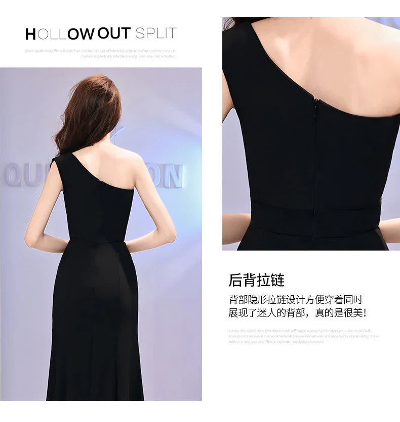 Host evening dress, light luxury, niche one shoulder black long dress, fishtail, one shoulder dress, female