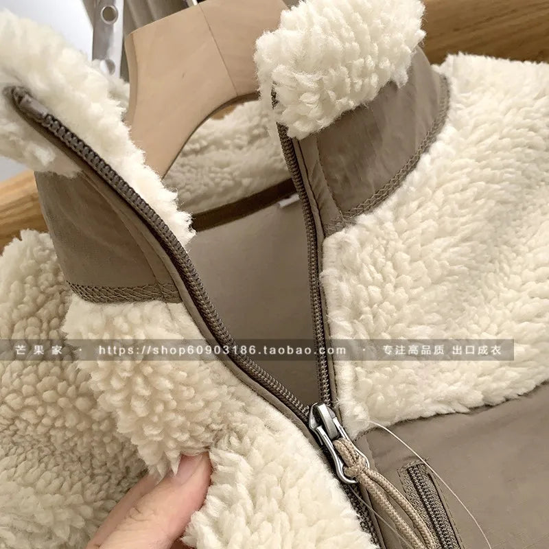 Autumn Winter Lambswool Coat Male Loose Windproof Warm Sherpa Stand Collar Polar Fleece Jacket Unisex Simple  Pocket Spliced Top