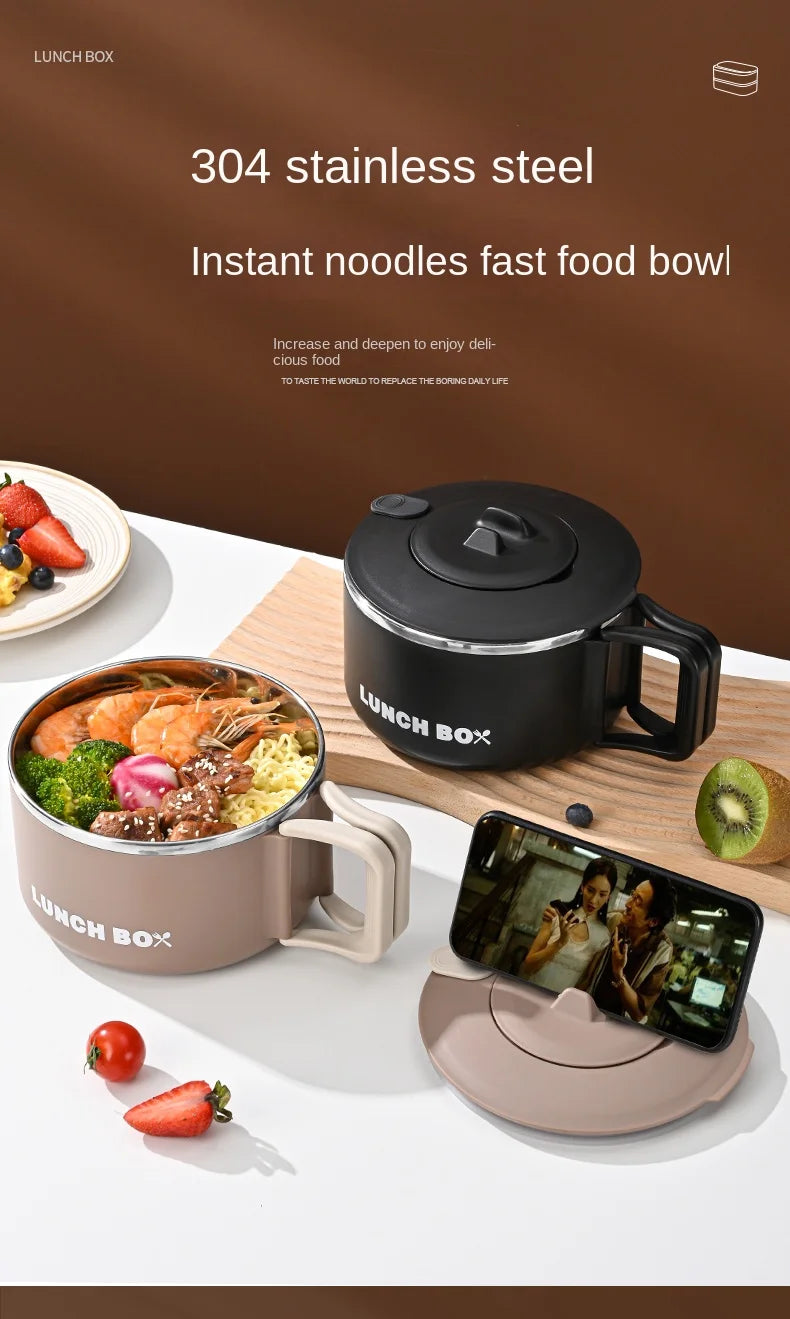 304 Stainless Steel Instant Noodles Ramen Bowl With Lid Fruit Salad Rice Soup Bowl Kitchen Tableware Large Capacity Lunch Box