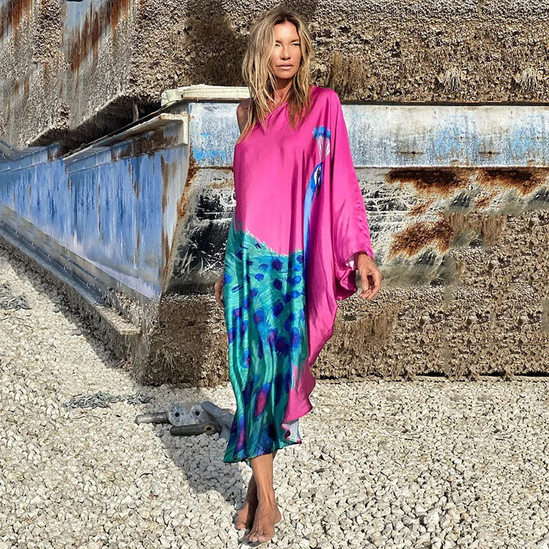 Color Butterfly Print One Shoulder Sleeve Dresses Women Sexy Off Shoulder Loose Beach Vacation Irregular Long Dress Streetwear