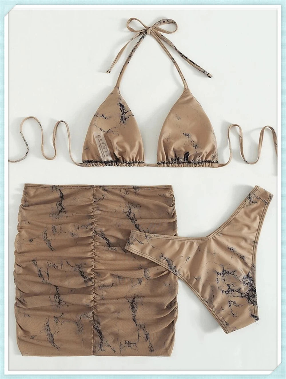 3 Pieces Thong Bikini Set With Skirt Marble texture Bathing Suit Women Swimsuit Set Female Swimwear Beach Wear Swimming Summer