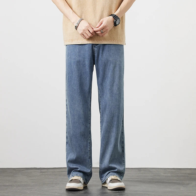 Summer Thin Men's Lyocell Loose Straight Jeans Soft Drape Ice Silk Casual Wide Leg Denim Trousers Fashion Korean Streetwear
