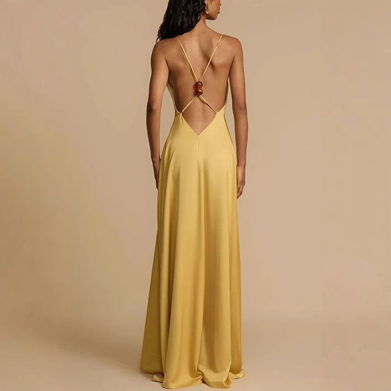 Sexy Backless Bandage Beading Long Dress Woman Spring Deep V Neck Hollow Loose Party Dress New Summer Spaghetti Strap Maxi Dress