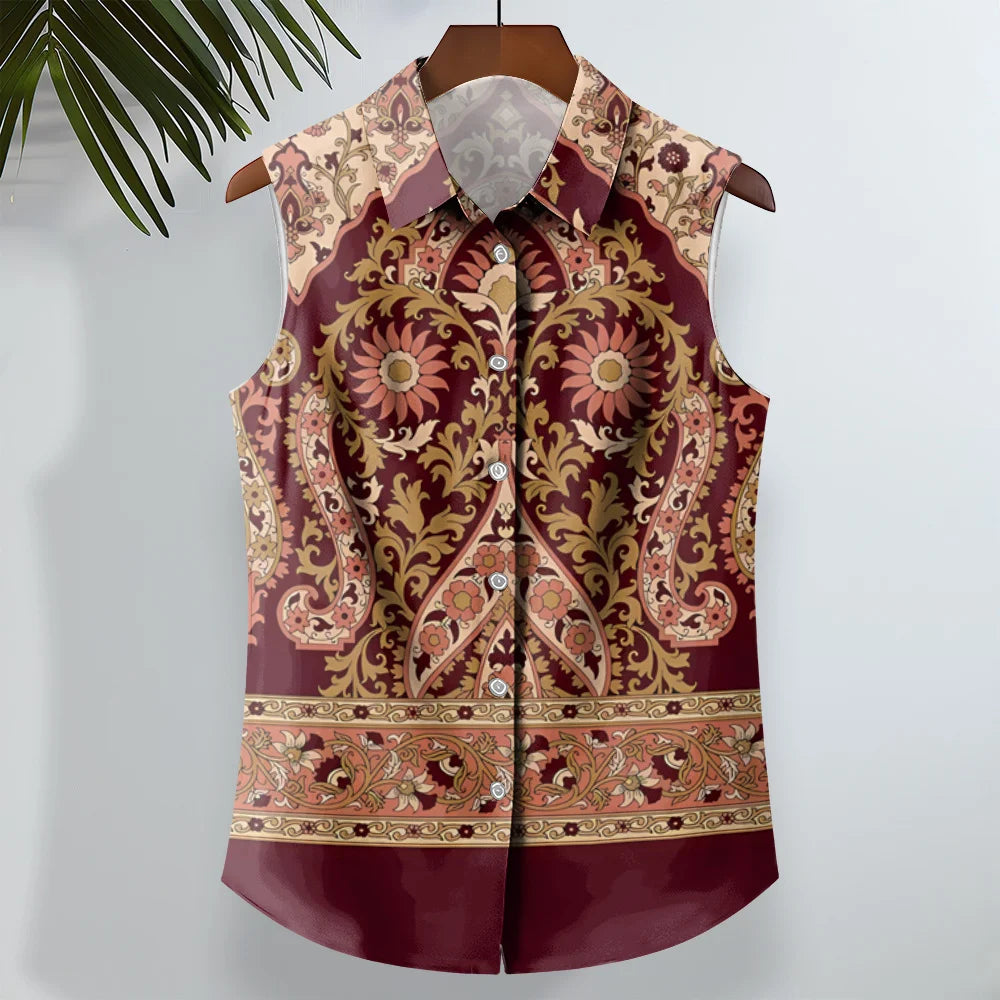 Ethnic Style Men's Shirts Cashew Flower Print Sleeveless Lapel Tops Hawaiian Shirt For Men Casual Vintage Oversized Men Clothing